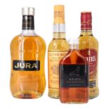 Three bottles of whisky, comprising Glenmorangie Ten Years Old, Jura Aged 10 Years, and Grants,