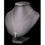 A 1970s 9 ct gold cross on a matinee rope-twist neck chain, the cross having a bark textured