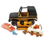 A Tonka MR-970 jeep together with a group of diecast vehicles, including a Tonka T-6 bulldozer, a