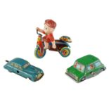 A Japanese key-wound tinplate tricycle toy, circa 1940/1950s, together with a similar Mini Cooper