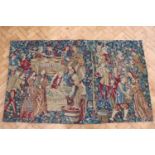A woven William Morris style wall hanging depicting a medieval scene of banqueting and revelers in