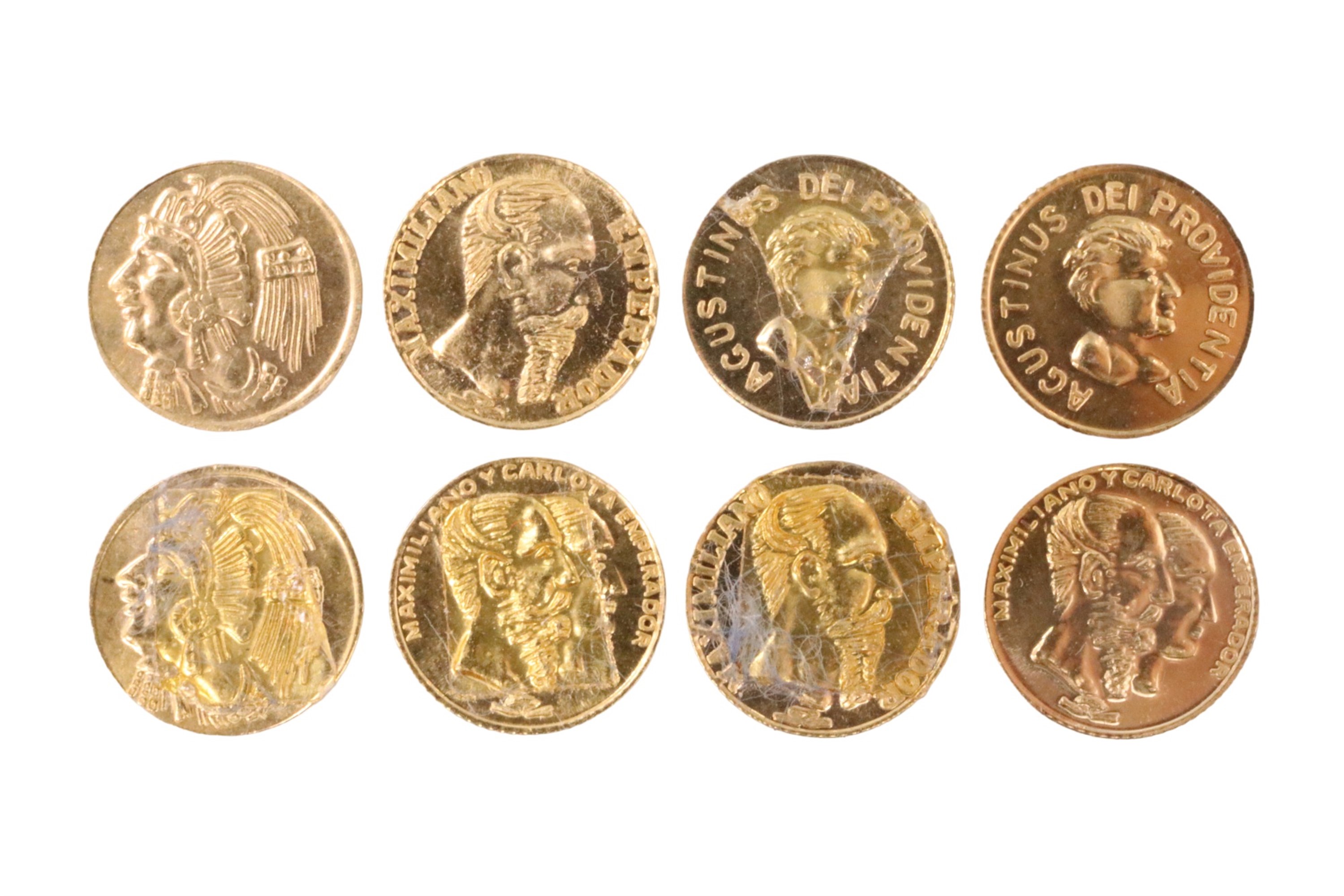 Eight miniature yellow-metal reproduction 19th Century Mexican coins, tests as high carat gold, 3.15