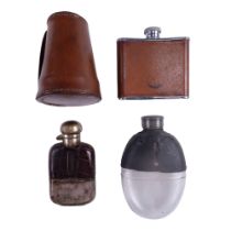 Three hip flasks together with leather cased toddy cups