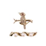 A seed pearl set 9 ct yellow metal bird brooch, having a paste eye, and a 9 ct gold pearl brooch,