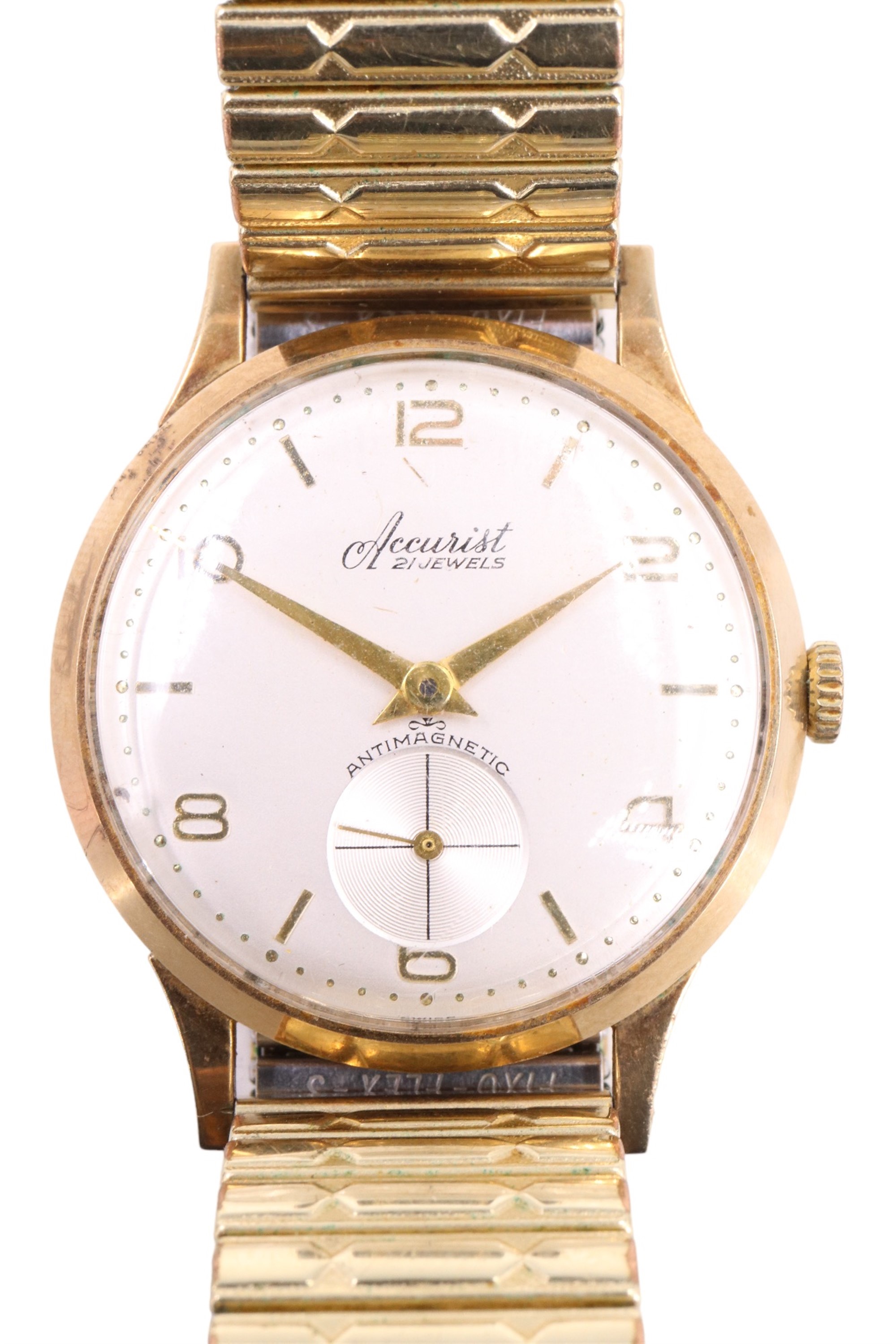 A cased 1960s Accurist 9 ct gold wristwatch, having a crown-wound 21 jewel movement, gilt dauphine