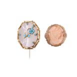 A shell cameo brooch set in a textured 9 ct gold frame, together with an agate and turquoise brooch,