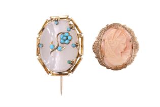 A shell cameo brooch set in a textured 9 ct gold frame, together with an agate and turquoise brooch,