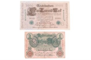 An Imperial German 1910 1000 Mark and one other banknote