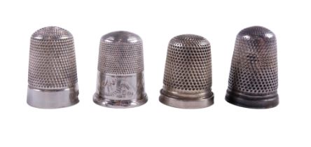 Four silver and white metal thimbles, including J Forest, Birmingham, 1907 and 1919, Samuel Foskett,