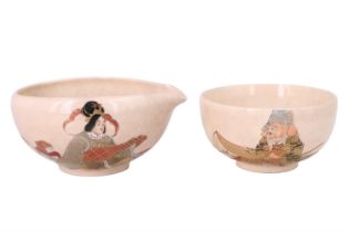 A Meiji / Taisho Japanese Satsuma earthenware spouted bowl together with a smaller bowl