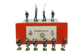 A boxed Churchill's diecast Fine Toy highland soldiers together with four Britain's US soldiers