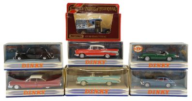 Six Matchbox "The Dinky Collection" diecast toy cars, including a 1957 Chevrolet Convertible, a 1959