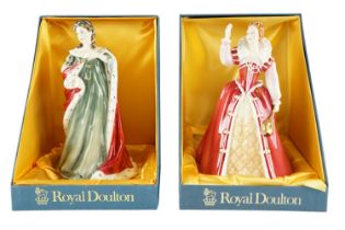 Two boxed Royal Doulton Queens of the Realm figurines, Queen Elizabeth I and Queen Anne, with