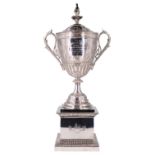 A fine Victorian Elkington Neo-Classical silver trophy cup and stand, of covered, two-handled