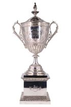 A fine Victorian Elkington Neo-Classical silver trophy cup and stand, of covered, two-handled
