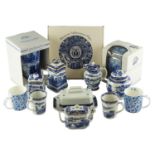 A group of Rington's blue-and-white ceramics, including a willow pattern tea caddy, a boxed