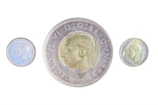 A George VI 1937 silver crown together with two threepence coins