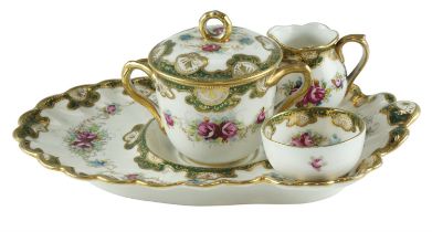 A late 19th Century continental porcelain boudoir coffee set, comprising a diminutive sugar bowl and