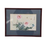 A Japanese painting on silk depicting two bees flying towards blossoms and buds, signed, second