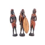Three mid-to-late 20th Century stained hardwood African figures, 31 cm tallest, one (a/f)