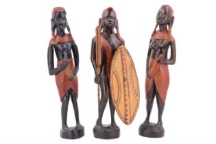 Three mid-to-late 20th Century stained hardwood African figures, 31 cm tallest, one (a/f)