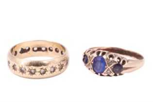 A vintage 9 ct gold eternity ring set with white brilliants and a sapphire and diamond finger ring