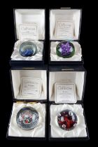 Four Caithness paperweights, Snow Flower, Moonflower, Damson Floral Mountain and Plough, boxed
