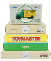 Five Corgi die-cast wagons and vans including The Cumbrian set, Bardados, NSPCC, etc, boxed