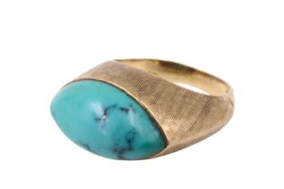 A 1970s turquoise and 18 ct yellow metal finger ring, the navette shaped cabochon set in a