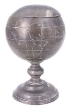 A Chinese pewter tea caddy cast in the form of a globe, liner stamped Huikee Swatow, circa 1930s, 19