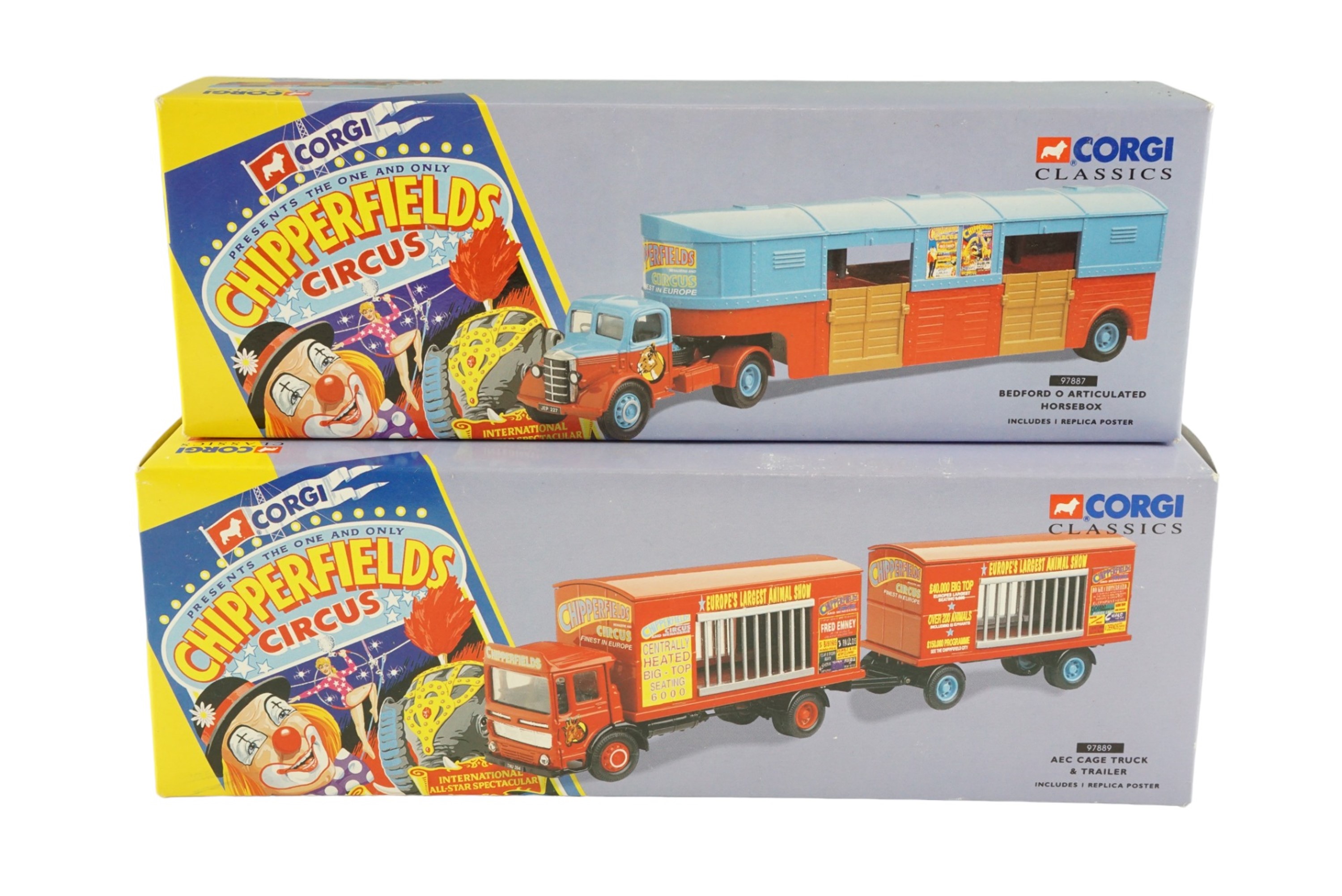 Two Corgi Chipperfields Circus die-cast wagons, Bedford articulated horse box and AEC cage truck