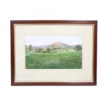 J McDonald A verdant, pastoral landscape with sheep grazing on lush grass before rolling hills,