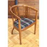 An Edwardian style mahogany bow back open-arm chair, having geometric banding and stringing, late