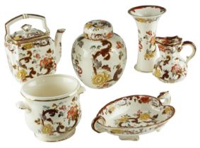 Six items of Mason's Brown Velvet ware including a ginger jar, a teapot, vase, cachepot, a dish