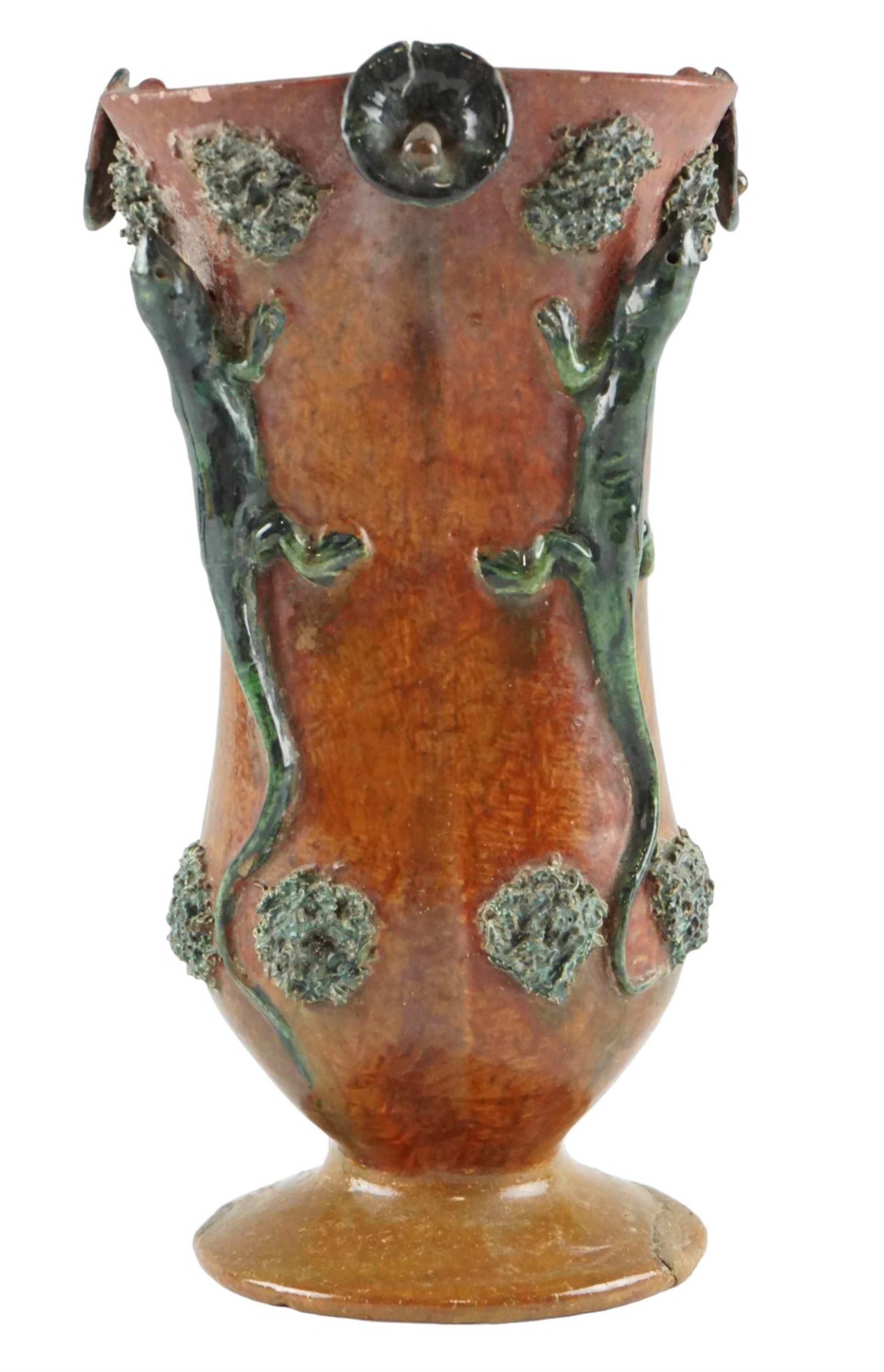 An early 20th Century Palissy style majolica lizard vase, of lobed section and bearing lizards and