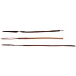 Three antique Zulu / Nguni spears, comprising an Iklwa stabbing spear and two isijulas, respectively