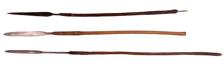 Three antique Zulu / Nguni spears, comprising an Iklwa stabbing spear and two isijulas, respectively