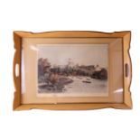 A vintage painted tea tray bearing a print depicting Windsor Castle, 58 cm x 39 cm overall