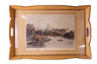 A vintage painted tea tray bearing a print depicting Windsor Castle, 58 cm x 39 cm overall