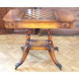 A late 20th Century burr veneered games table, having four drawers and a sliding