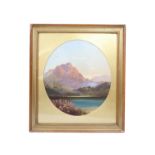 A pair of idyllic lakescapes, with the setting sun illuminating a rugged mountain and with a