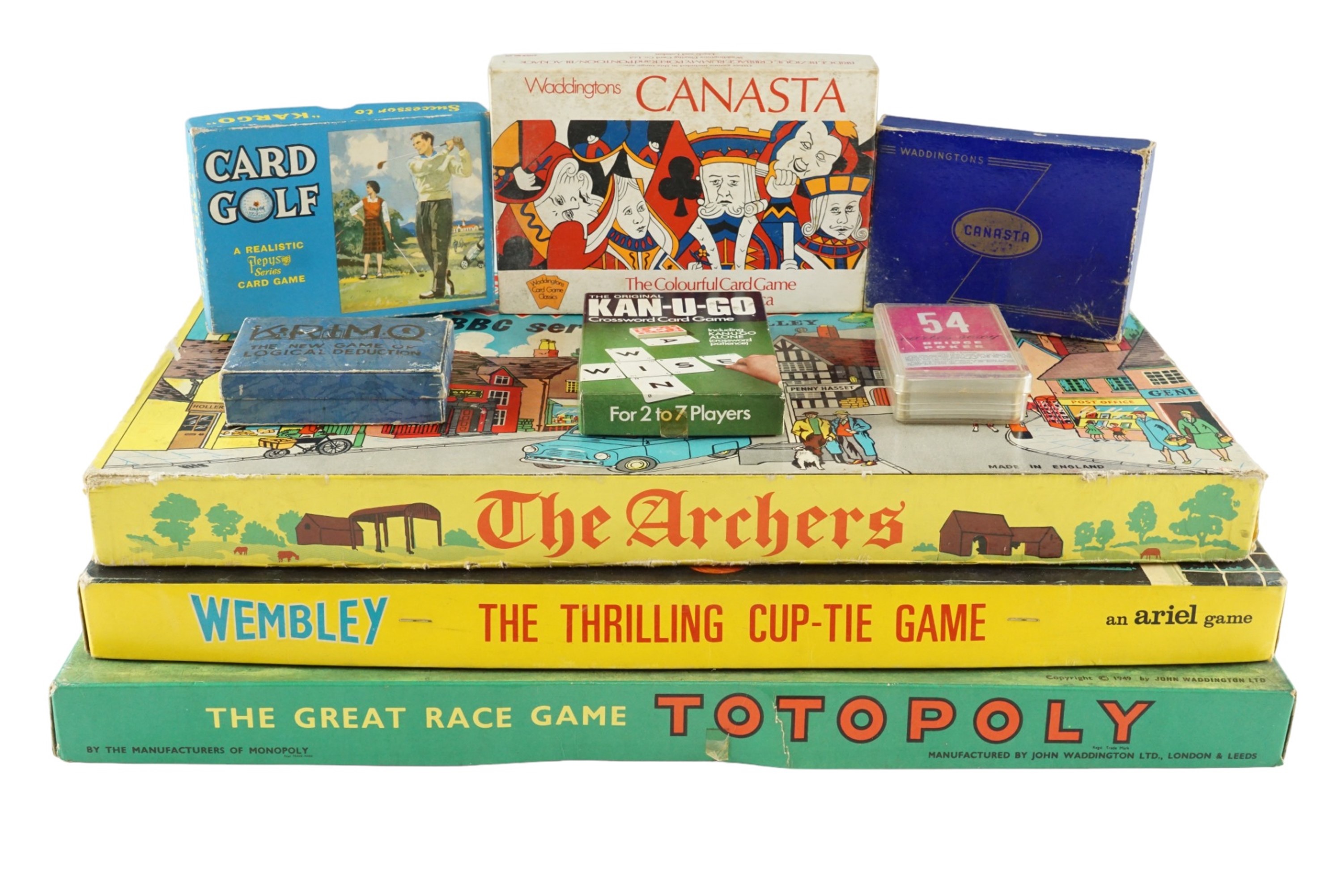 A quantity of vintage games including Totopoly, Wembley, The Archers, Krimo, Card Golf, etc