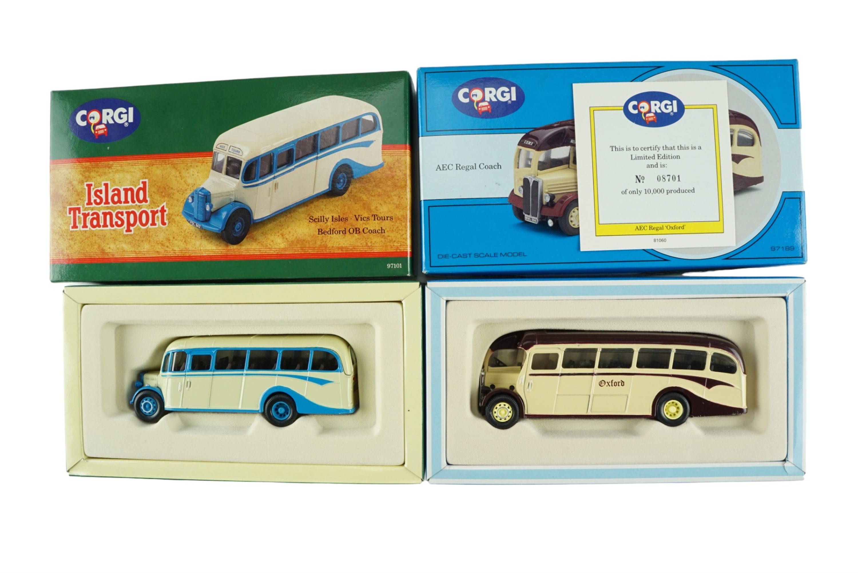 Five Corgi die-cast buses including Island Transport, AEC Regal coach, etc, boxed - Image 2 of 2