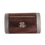 A nickel-mounted rosewood pocket snuff box, its lid decorated with an inset four-leaved clover