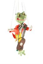 A boxed 1963 Pelham Puppet Frog, 32 cm excluding t-bar and strings