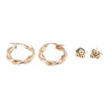 Two pairs of 9 ct gold earrings comprising shamrock studs and a pair of bine-twist hoops, hoops 18