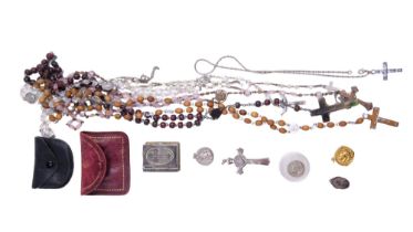 Five sets of vintage Rosary beads and seven other devotional pendants, etc