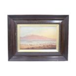 Arran from Ardrossan, a vast, open study looking towards the Isle of Arran from a rocky shore, oil