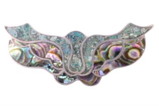 A Mexican white-metal turquoise and abalone brooch, 55 mm