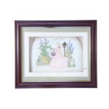 An embroidered tea cosy, framed under glass, 45 cm x 38 cm overall